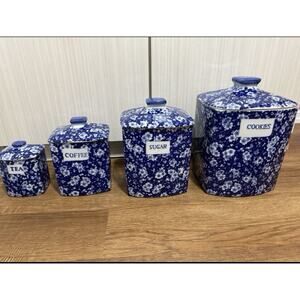 🔴 Antique Victoria Ware Ironstone Calico Blue Chintz Canister 4 Piece Set